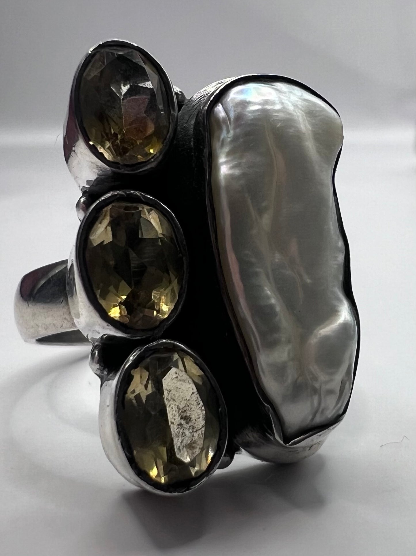 Unique 925 Citrine & Pearl Set Ring ~ 11.32 Grams ~ Size - Q
