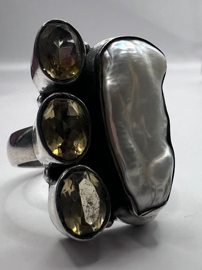 Unique 925 Citrine & Pearl Set Ring ~ 11.32 Grams ~ Size - Q