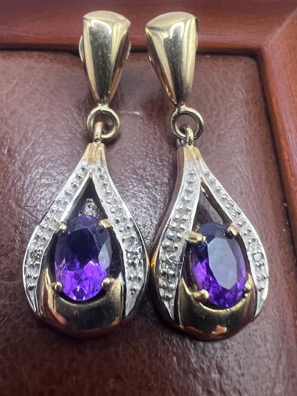 Vintage 9ct Yellow Gold Amethyst & Diamond Dangle Earrings • 2.21 Grams