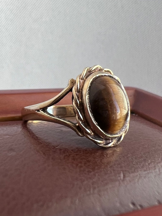 Vintage 9ct Yellow Gold Tiger Eye Ring - M½