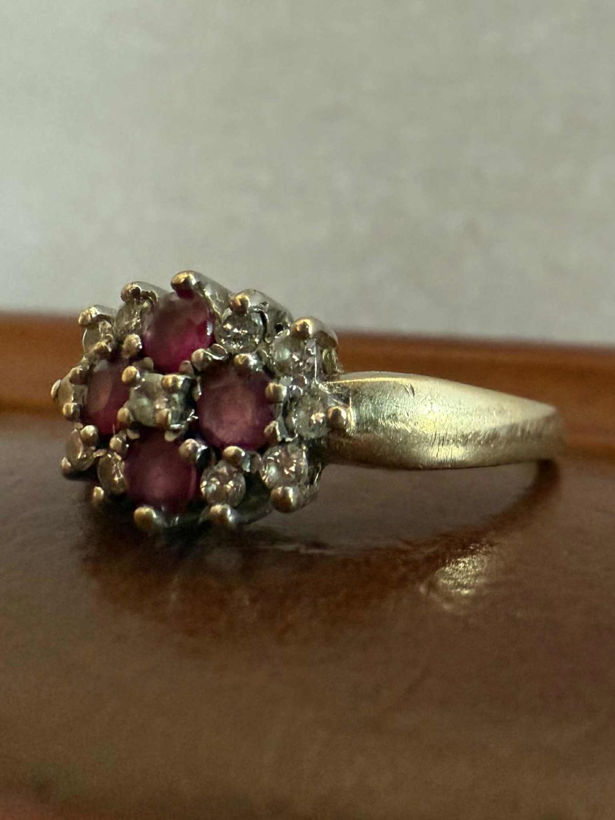 Vintage 9ct Yellow Gold Ruby & Diamond Cluster Ring • Size - O • 2.63 Grams