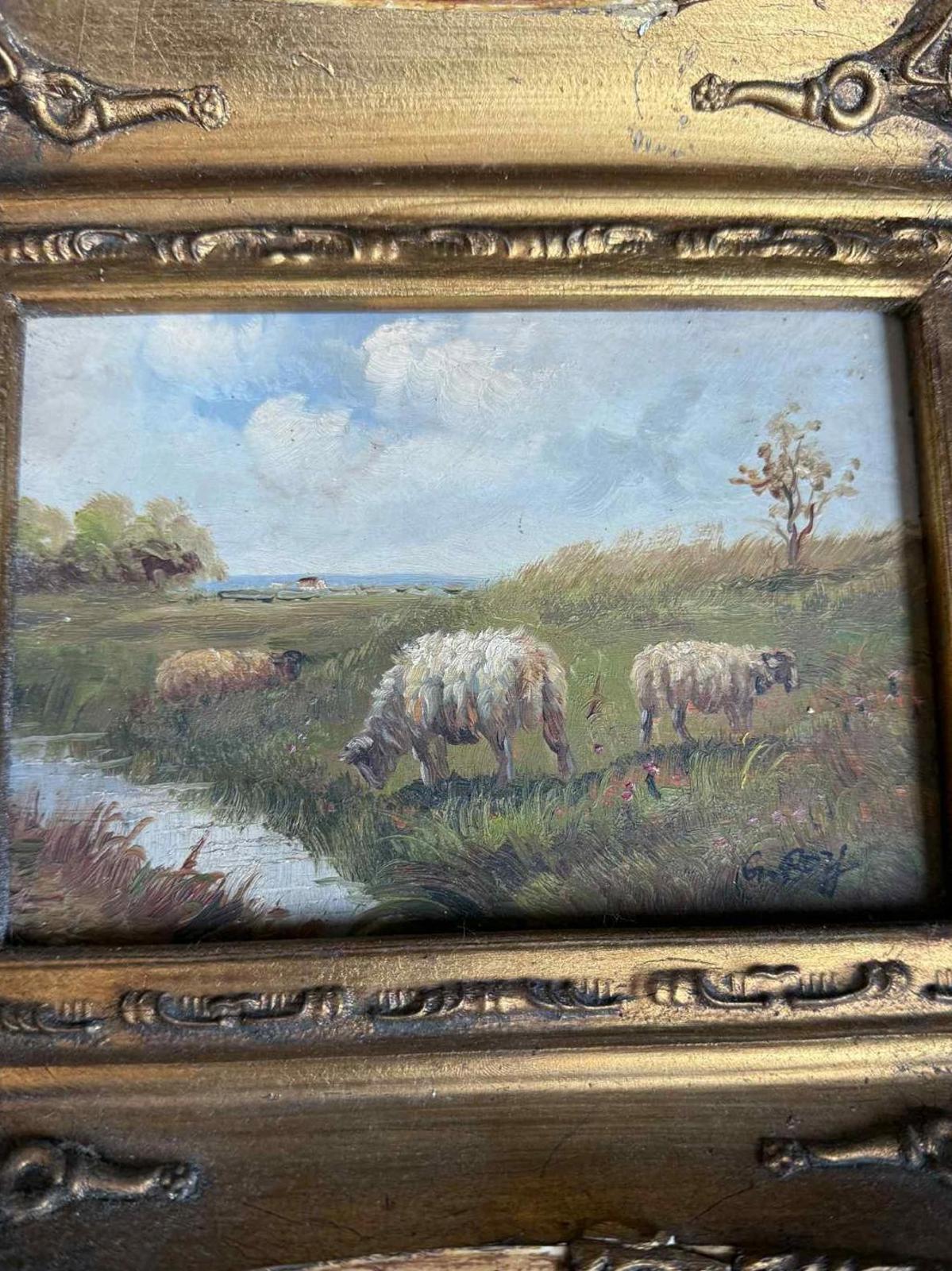 Vintage Ornate Landscape Oil Painting Of Sheep In Field - Signed "G Roy"