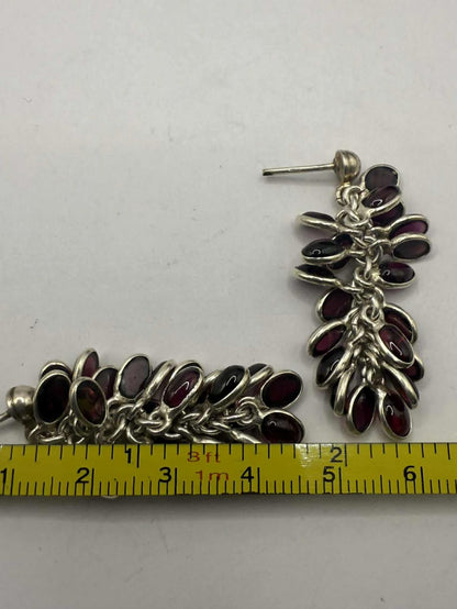 Quality 925 Sterling Silver Garnet Cluster Dangle Earrings • 12.41 Grams