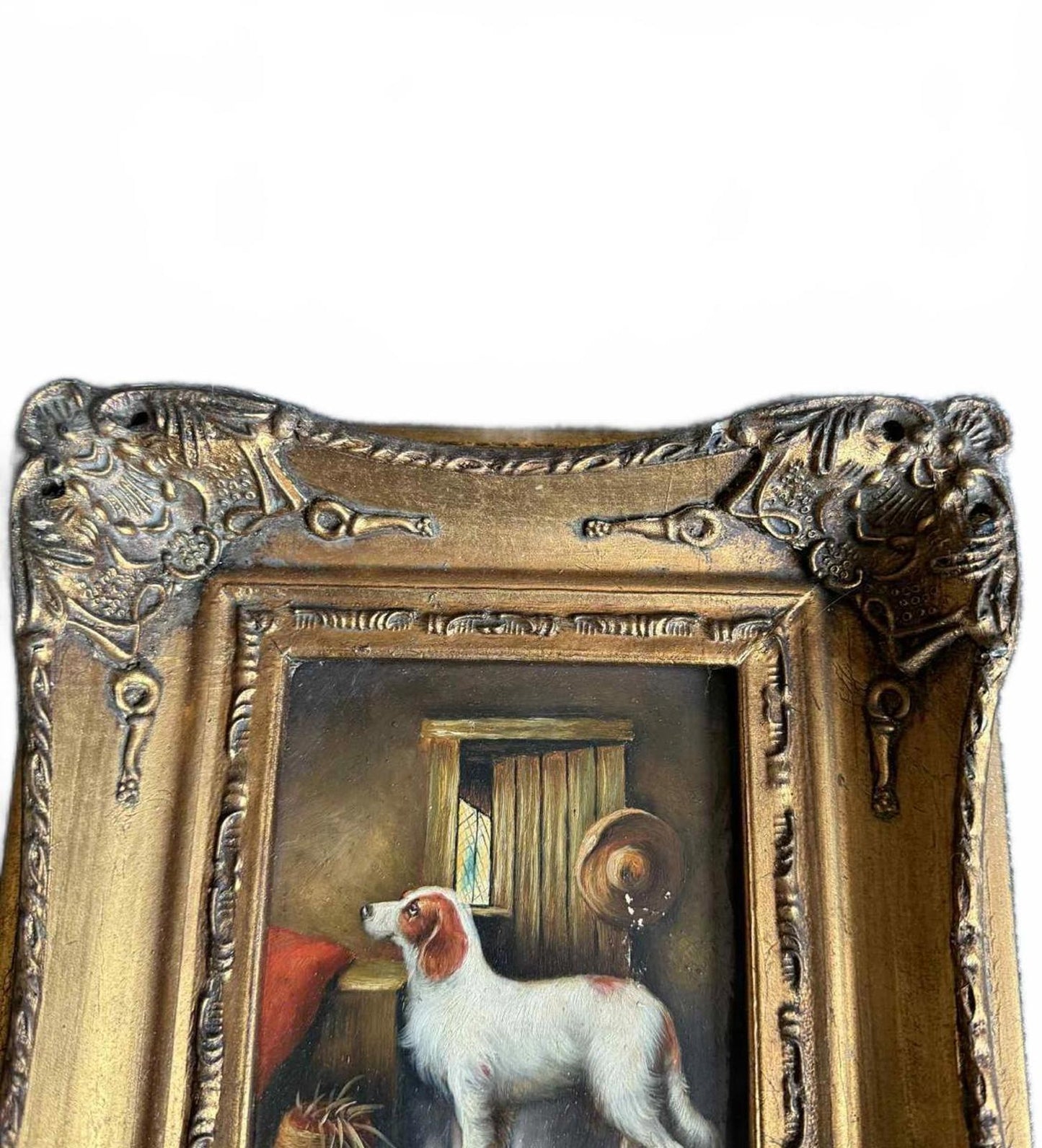 Charming Vintage Dog Painting in Ornate Frame - Singed "G Roy"