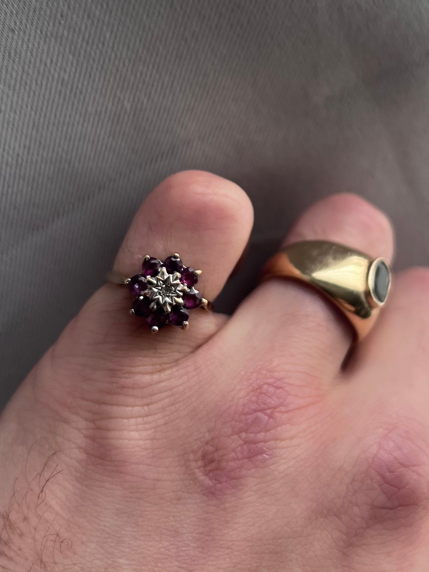 Vintage 9ct Yellow Gold Ruby & Diamond Cluster Flower Ring - L½