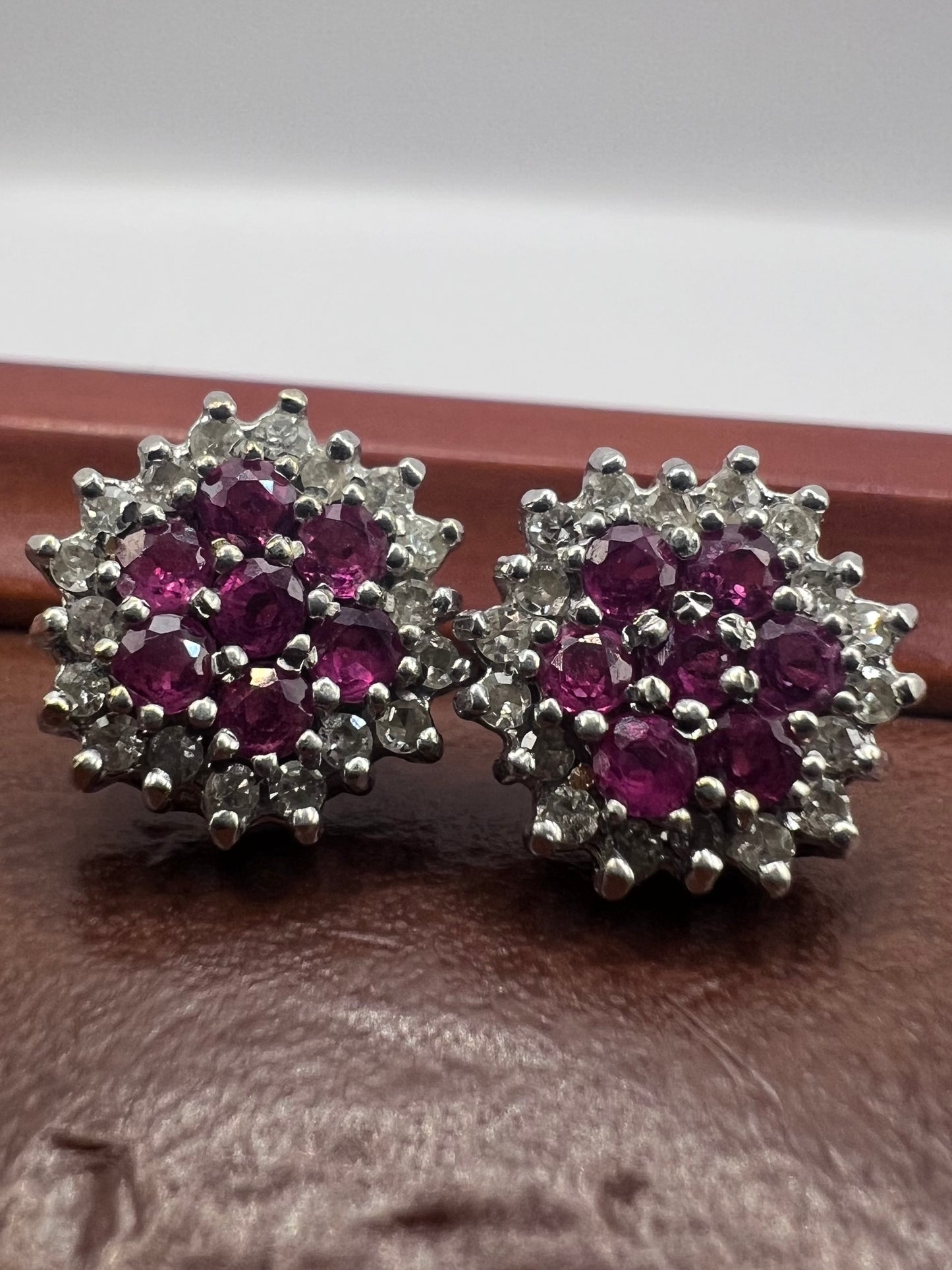 Quality 9ct Yellow Gold Diamond & Ruby Cluster Earrings • 2.18 Grams