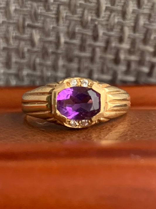 Vintage 14ct Yellow Gold Amethyst & Diamond Ring ~ 2.22 Grams ~ Size - L½