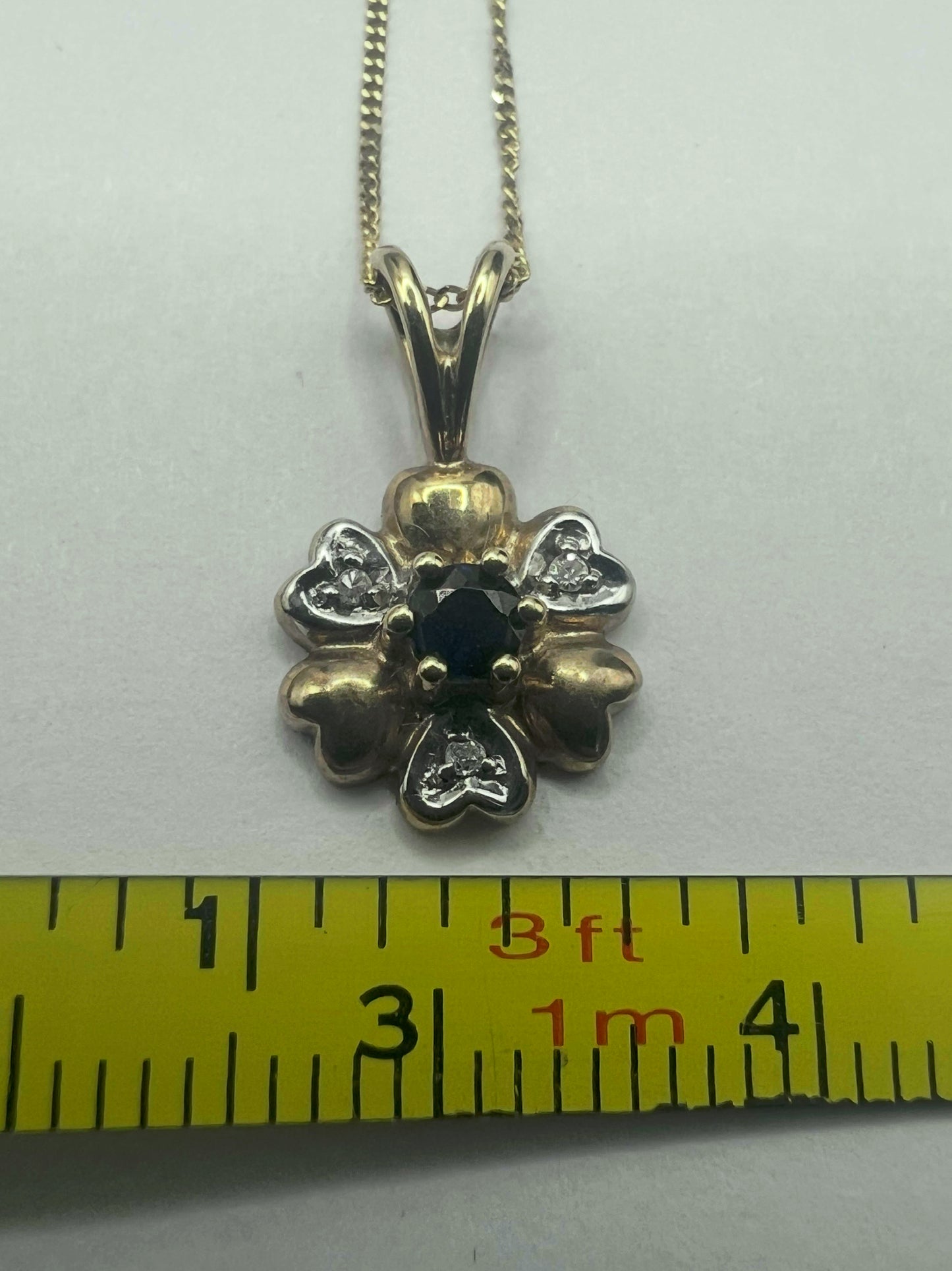 Vintage 9ct Yellow Gold Sapphire & Diamond Flower Pendant & Chain • 1.95 Grams