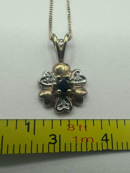 Vintage 9ct Yellow Gold Sapphire & Diamond Flower Pendant & Chain • 1.95 Grams
