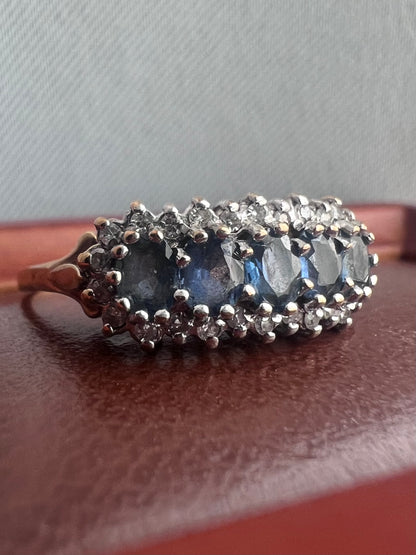 Vintage 9ct Yellow Gold Sapphire & Diamond Cluster Ring - P