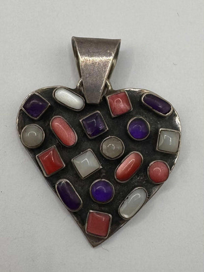 Quality 925 Sterling Silver Multi Gem Set Heart Pendant • 34.63 Grams