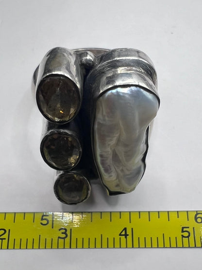 Unique 925 Citrine & Pearl Set Ring ~ 11.32 Grams ~ Size - Q