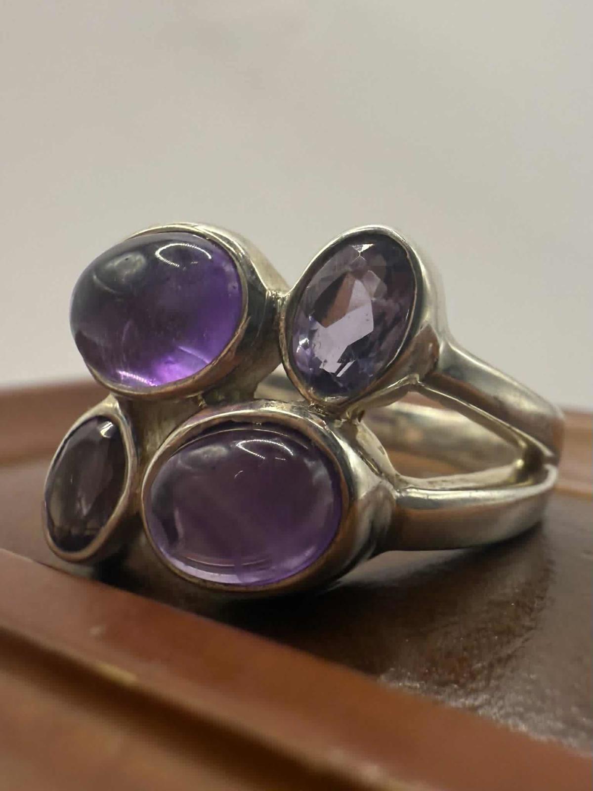 Quality 925 Sterling Silver Amethyst Cluster Ring • Size - P • 6.32 Grams