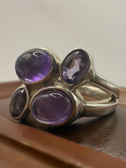 Quality 925 Sterling Silver Amethyst Cluster Ring • Size - P • 6.32 Grams