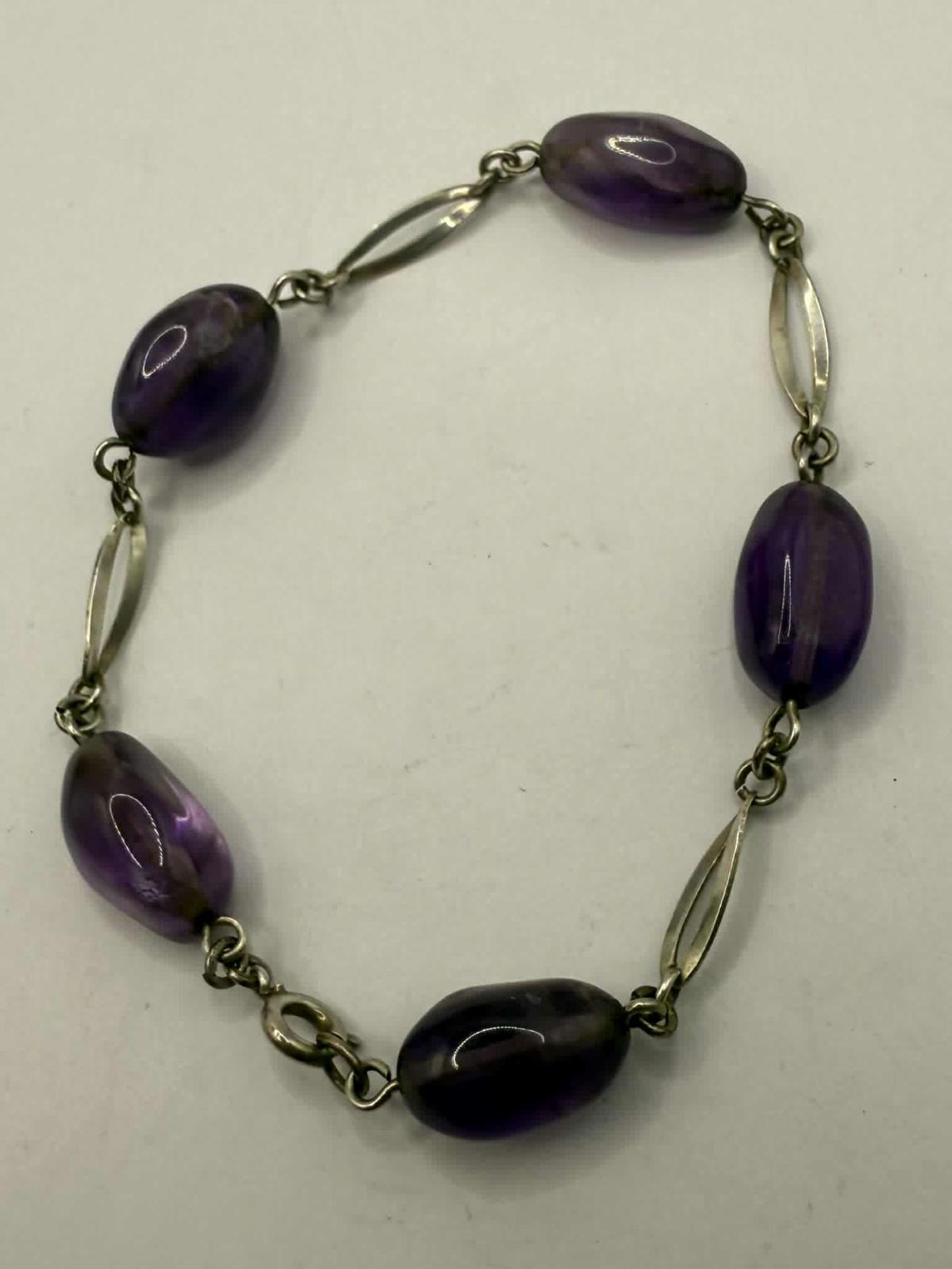Quality 925 Sterling Silver Cabochon Amethyst Bracelet • 8 Inch • 11.60 Grams