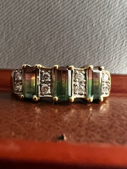 Quality 9ct Yellow Gold Watermelon Tourmaline & Diamond Ring - L