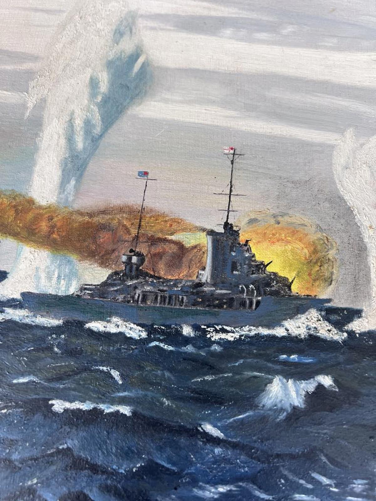 Dramatic Naval Battle Oil Painting - 1965 - Signed "H Johnson"