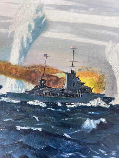 Dramatic Naval Battle Oil Painting - 1965 - Signed "H Johnson"