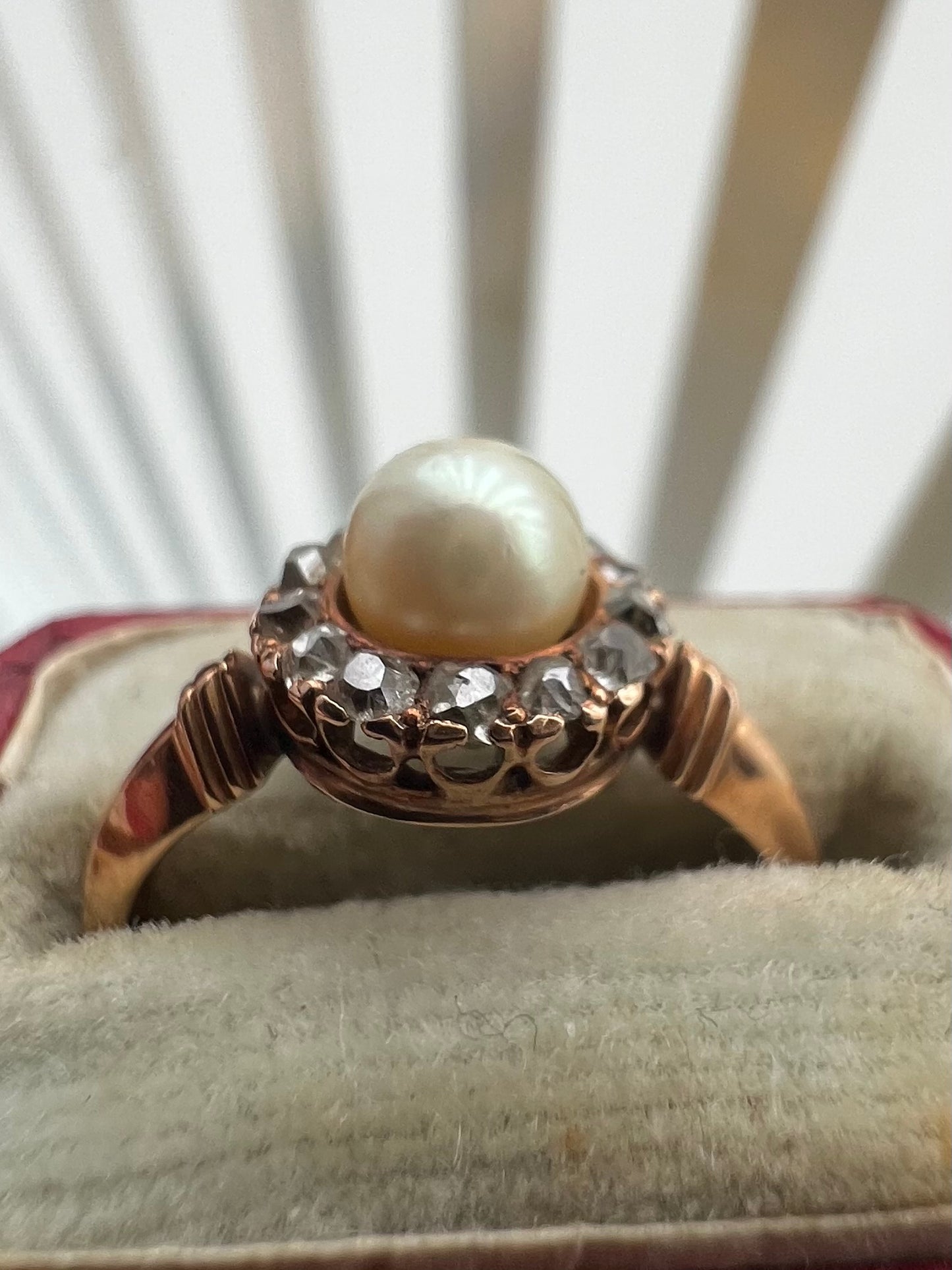 Antique 15ct Rose Gold Pearl & Old Cut Diamond 0.65ct Cluster Ring - K