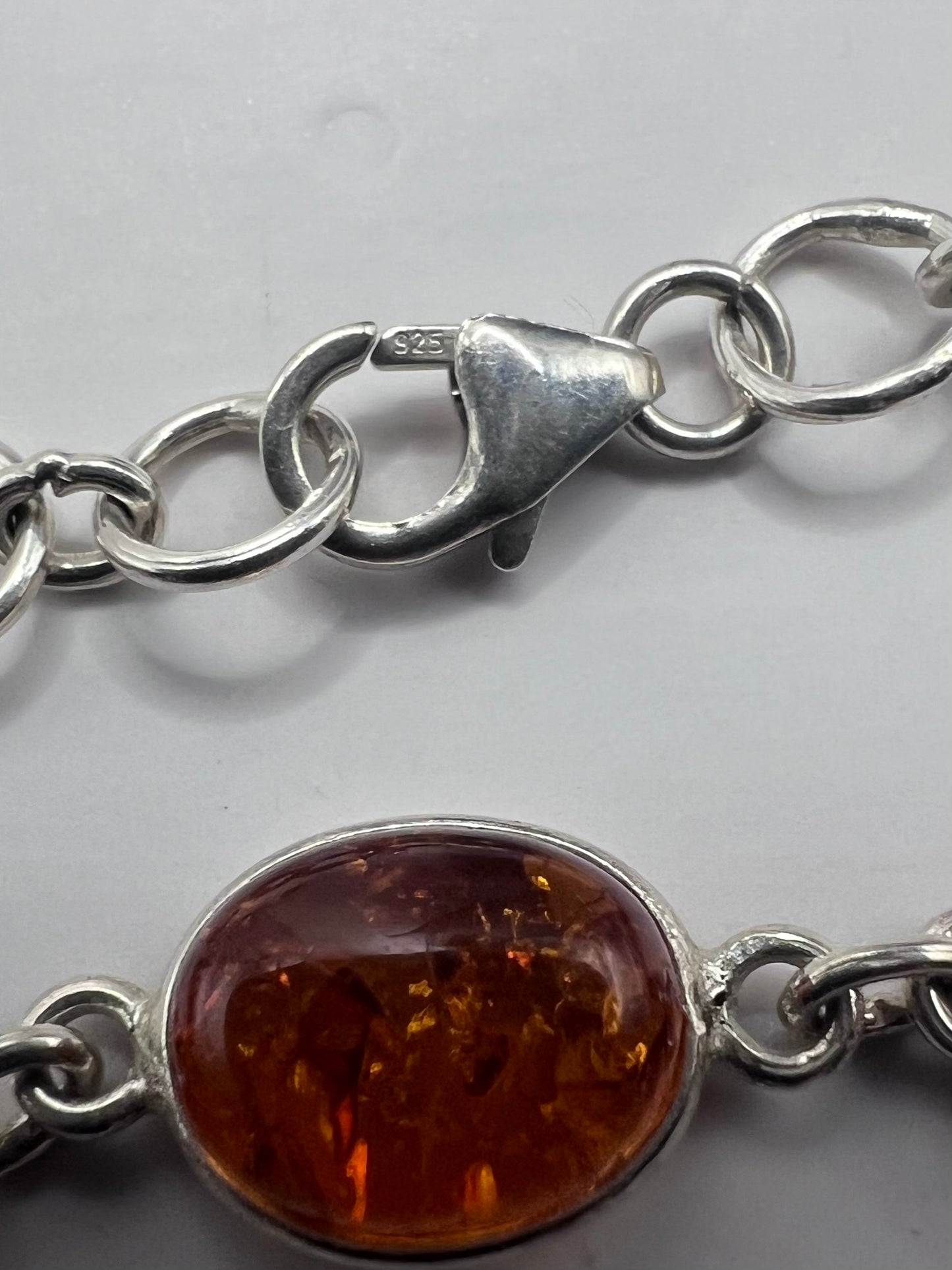 Quality 925 Sterling Silver Cabochon Amber Bracelet - 8 Inch