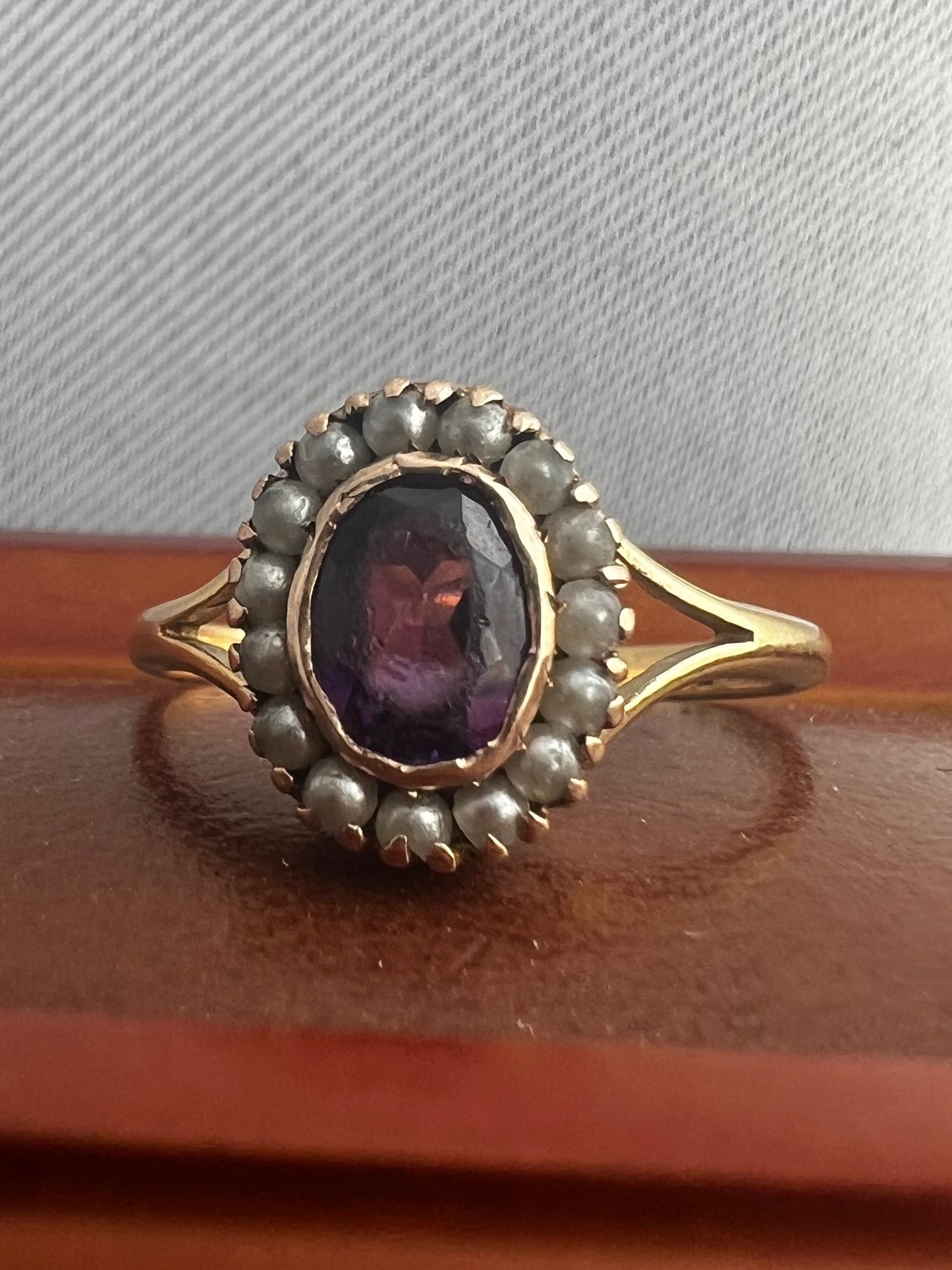 Antique 18ct Yellow Gold Amethyst & Seed Pearl Cluster Ring - S