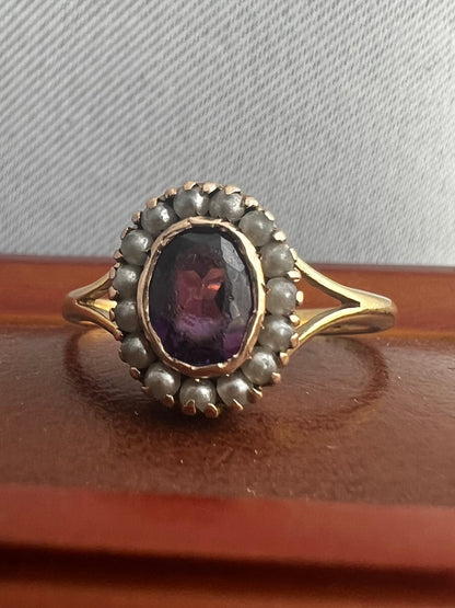 Antique 18ct Yellow Gold Amethyst & Seed Pearl Cluster Ring - S