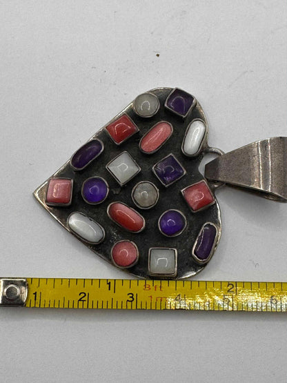 Quality 925 Sterling Silver Multi Gem Set Heart Pendant • 34.63 Grams
