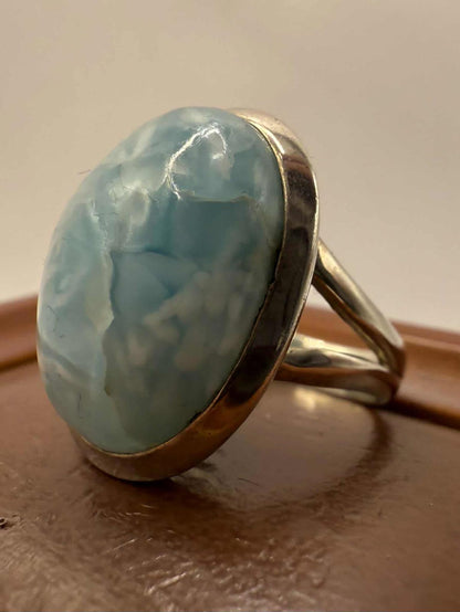 Quality 925 Sterling Silver Larimar Set Ring • Size - N • 7.75 Grams