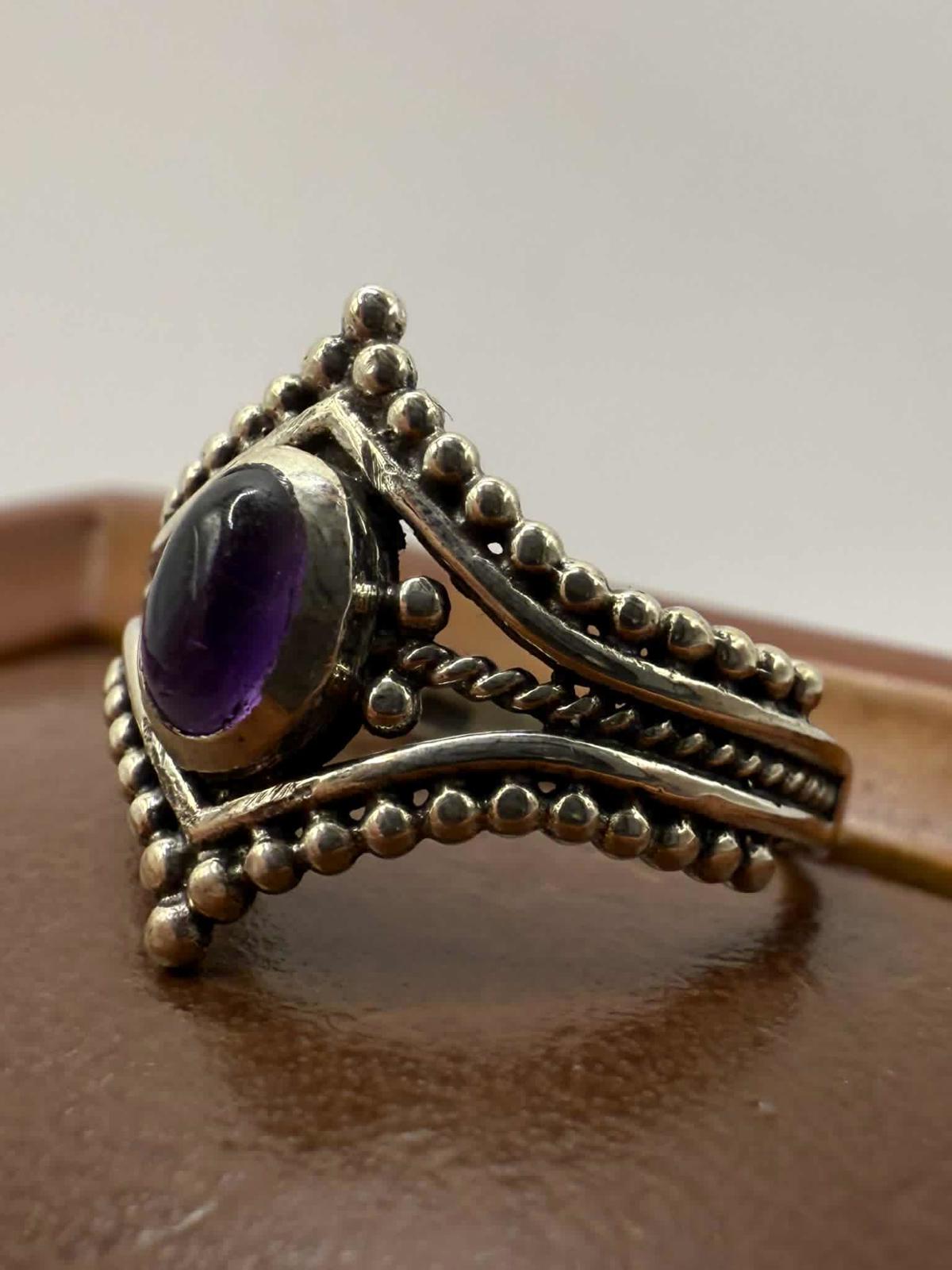 Quality 925 Sterling Silver Amethyst Set Ring • Size - N • 2.81 Grams