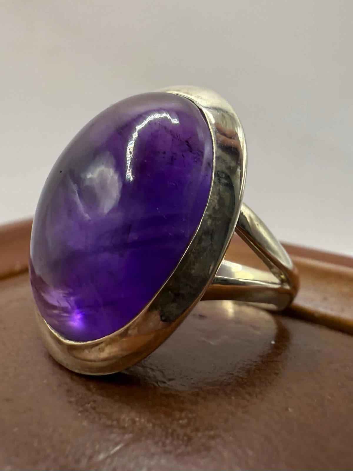 Quality 925 Sterling Silver Cabochon Amethyst Ring • Size - L • 7.64 Grams