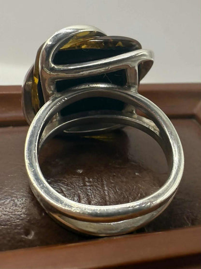 Quality 925 Sterling Silver Amber Set Ring • Size - N • 7.70 Grams