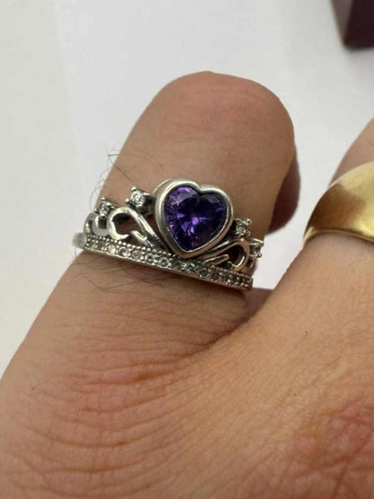 Quality 925 Sterling Silver Amethyst Set Crown Ring • 2.52 Grams • Size - M