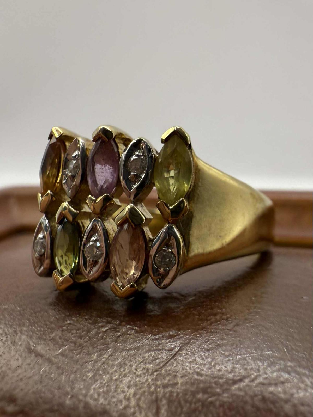 Quality 9ct Gold Multi Gem & Diamond Chip Set Ring • Size - N • 4.47 Grams