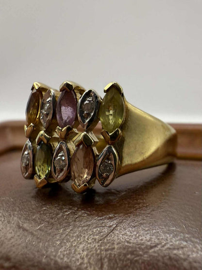Quality 9ct Gold Multi Gem & Diamond Chip Set Ring • Size - N • 4.47 Grams