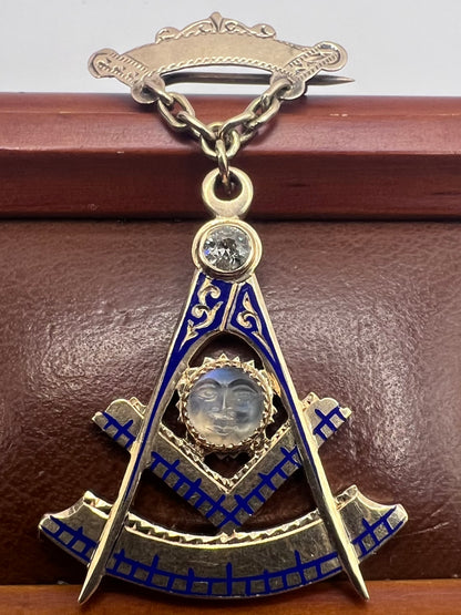 Rare 9ct Antique Diamond & Carved Moonstone Face Blue Enamel Masonic Pendant