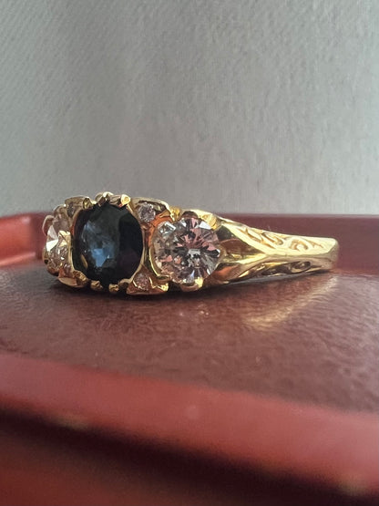 Antique 18ct Gold 1.00ct Sapphire & 0.50ct Diamond Trilogy Ring - M½