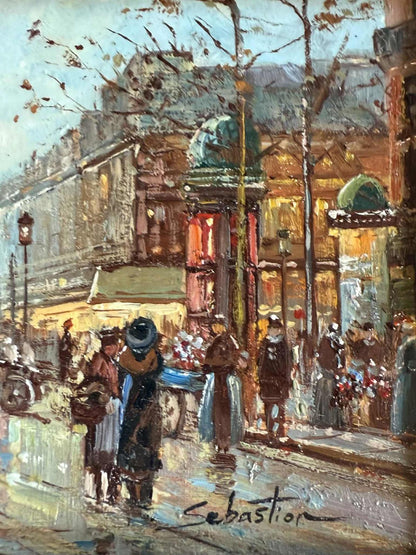Vintage French Street Scene Oil Painting With Monument - Singed - "Sebastion"