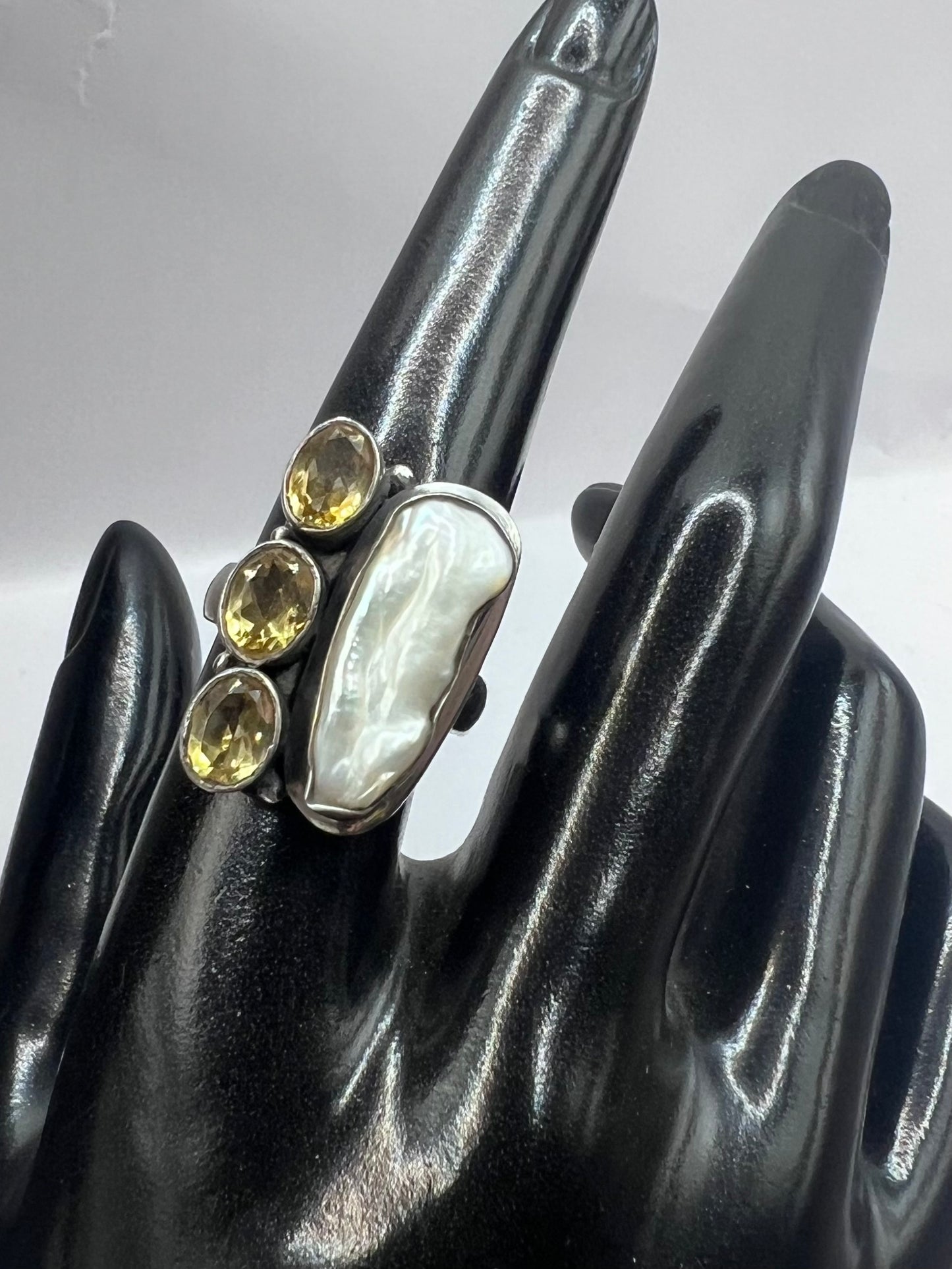 Unique 925 Citrine & Pearl Set Ring ~ 11.32 Grams ~ Size - Q