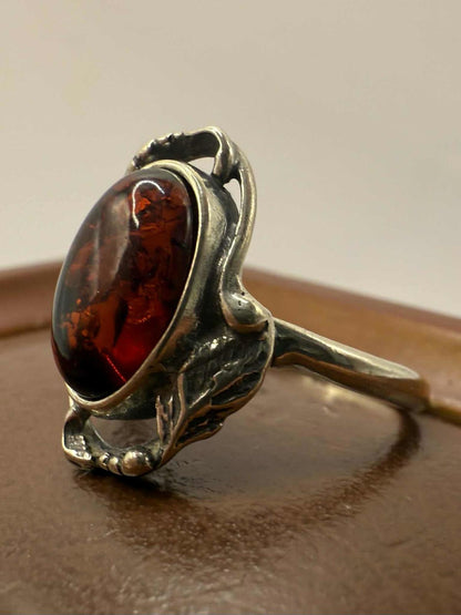Quality 925 Sterling Silver Baltic Amber Set Ring • Size - P½ • 3.27 Grams
