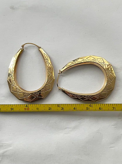 Vintage 9ct Yellow Gold Patterned Hoops - 3.91 Grams