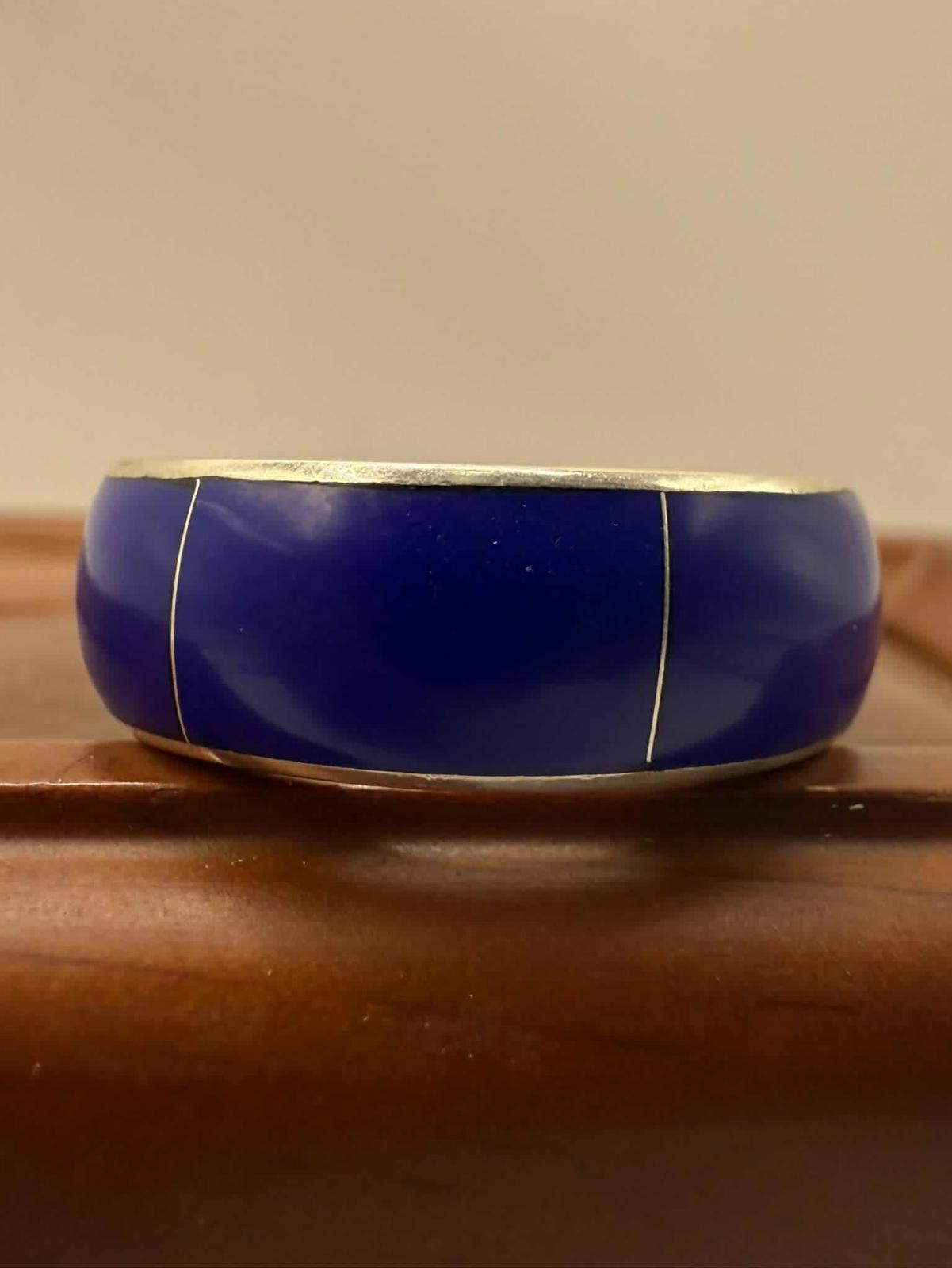 Mexican 925 Silver Blue Enamel Ring • Size - N • 5.62 Grams