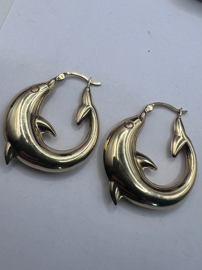 Quality 9ct Yellow Gold Dolphin Hoop Earrings • 3.08 Grams