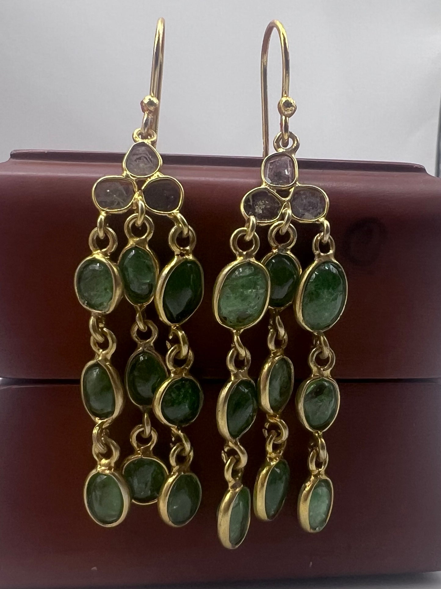 Quality 9ct Gold On Silver Emerald & Diamond Dangle Earrings • 6.08 Grams