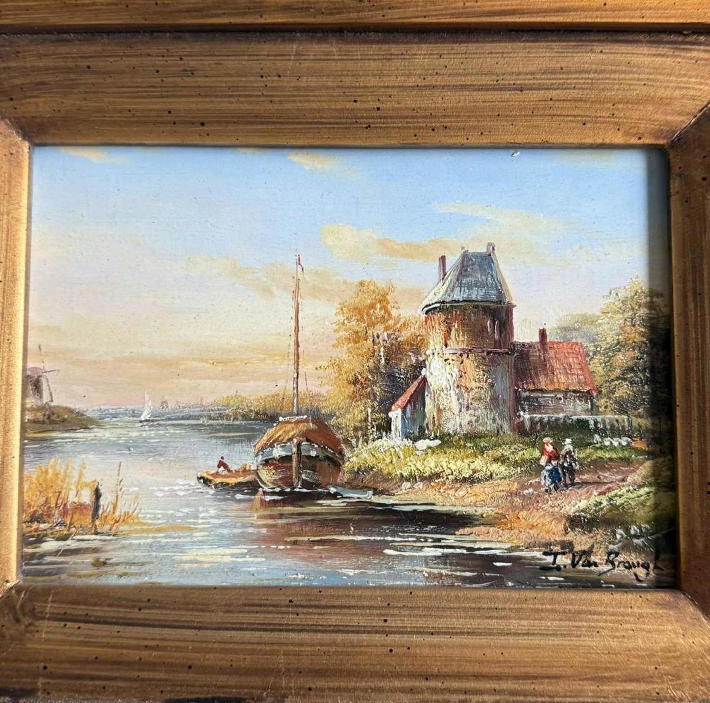 Vintage Framed Oil Painting Of Dutch Boats & Wind Mill - Signed - "Ivor Brough"