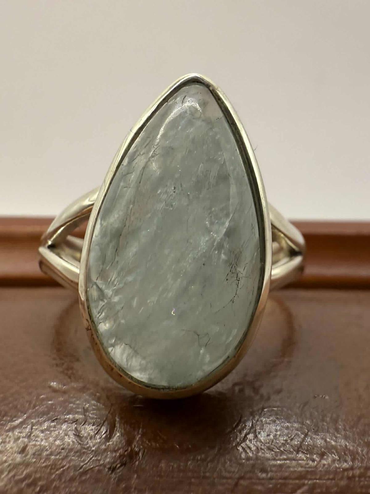 Quality 925 Sterling Silver Aquamarine Crystal Set Ring • Size - R • 5.96 Grams