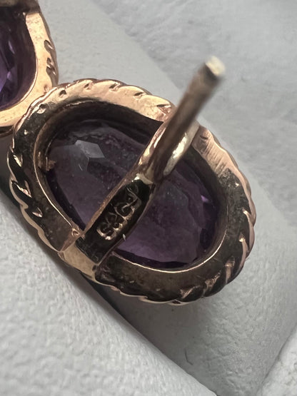 Vintage 9ct Yellow Gold Amethyst Stud Earrings • 2.40 Grams