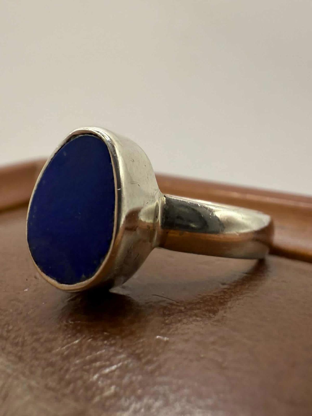 Quality 925 Sterling Silver Blue Sea Glass Ring • Size - N½ • 3.61 Grams