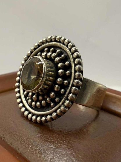 Unique 925 Sterling Silver Yellow Stone Ring • 8.86 Grams • Size - P