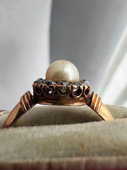 Antique 15ct Rose Gold Pearl & Old Cut Diamond 0.65ct Cluster Ring - K