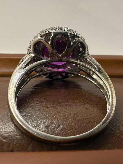 Quality 925 Sterling Silver Purple & White Stone Ring • 5.81 Grams • Size - T